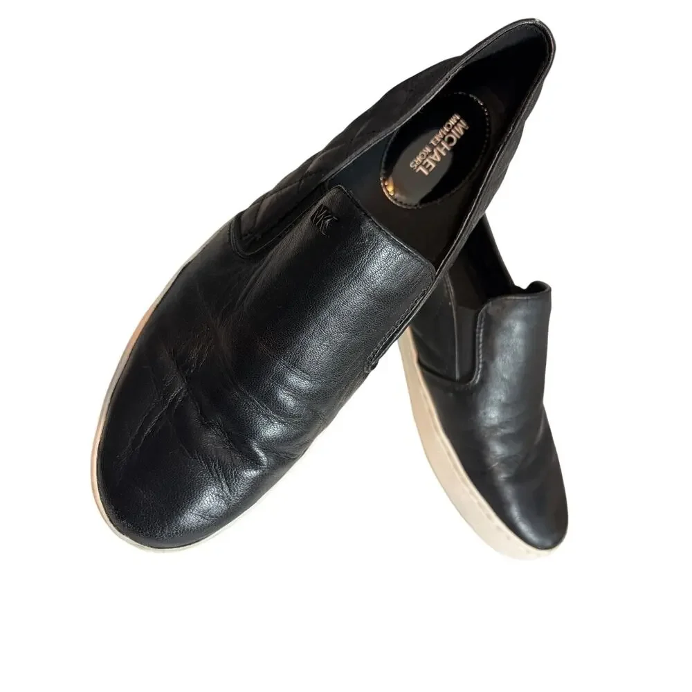 Michael Kors Black Leather Slip on Sneakers Quilted MK Logo Platform 8M